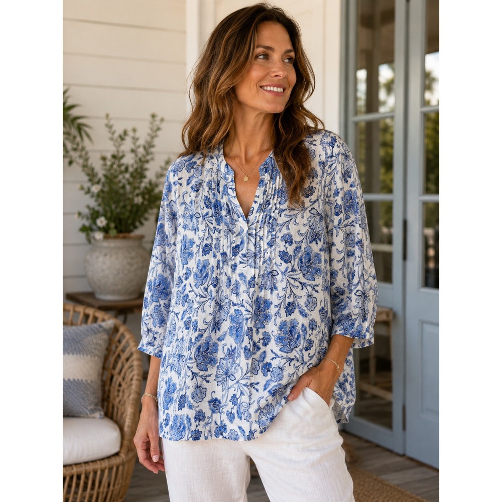 J Jill Love Linen Floral Pintuck Top Medium White Blue Lagonlook Coastal Beachy
